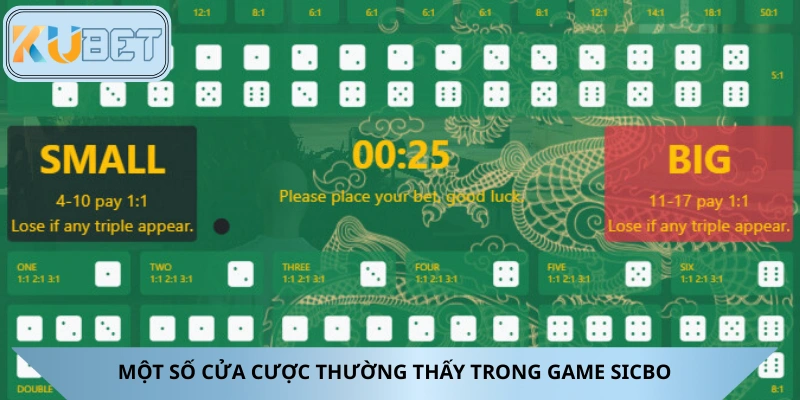 Các cửa cược có trong game tài xỉu